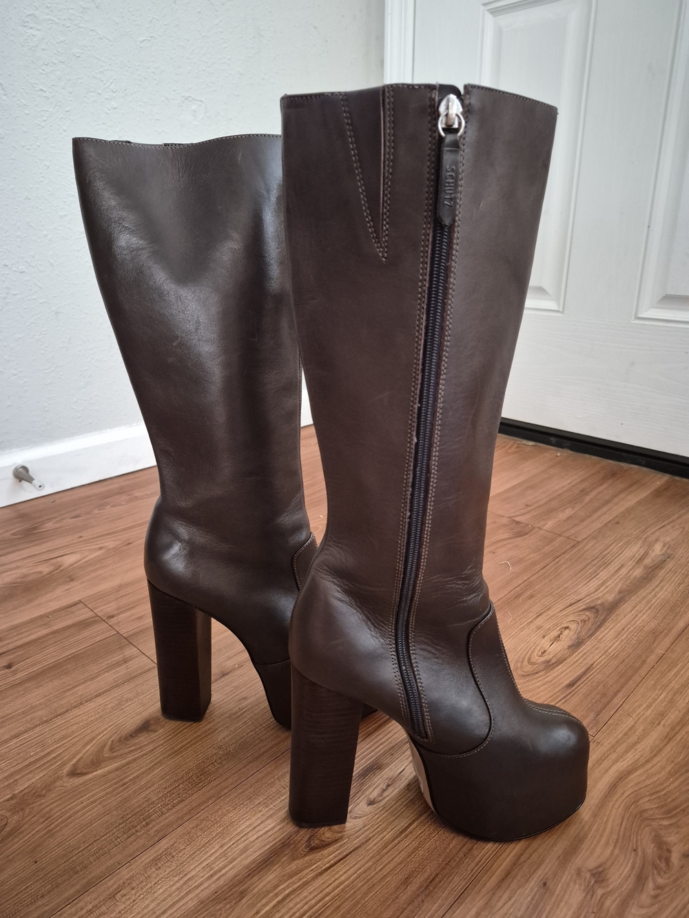 SCHUTZ Aderdeen Dark Brown Leather High Platform Knee High Block Heel Boots